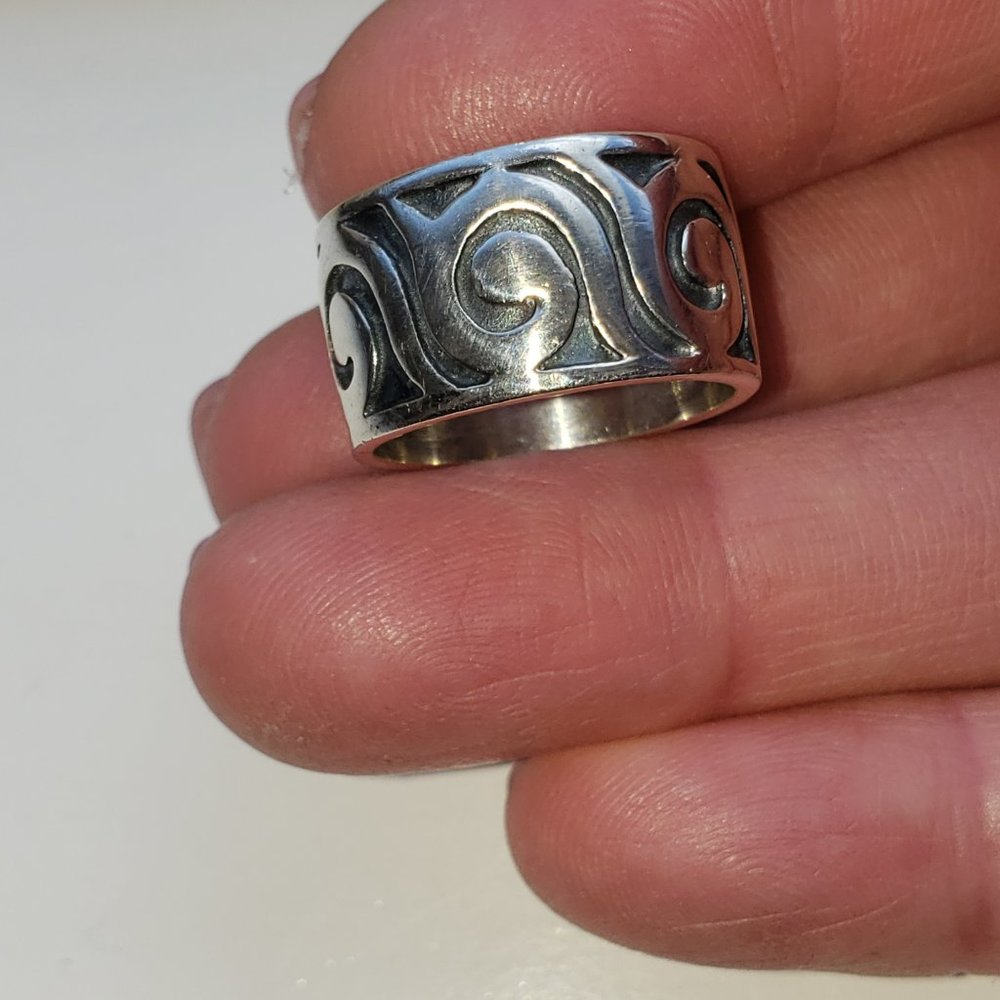 Sterling Silver 925 Wide band ring with scroll motif - Picture 6 of 8